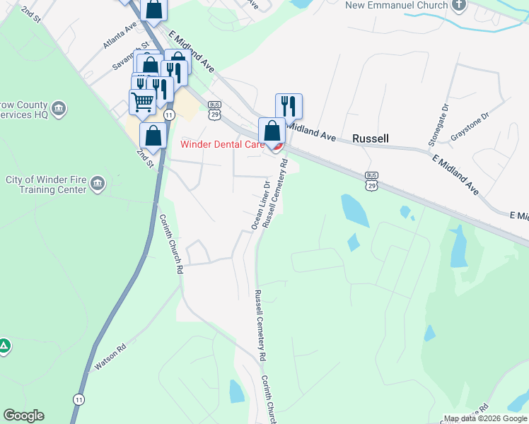 map of restaurants, bars, coffee shops, grocery stores, and more near 214 Oceanliner Drive in Winder