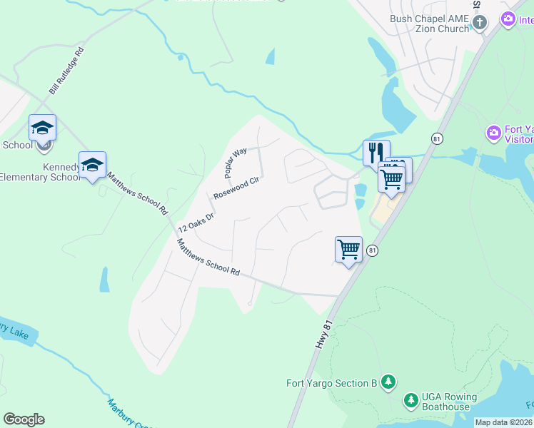 map of restaurants, bars, coffee shops, grocery stores, and more near 524 Fort Street in Winder