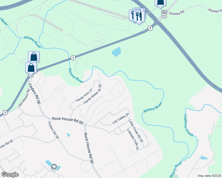 map of restaurants, bars, coffee shops, grocery stores, and more near 1441 Brushed Lane in Lawrenceville