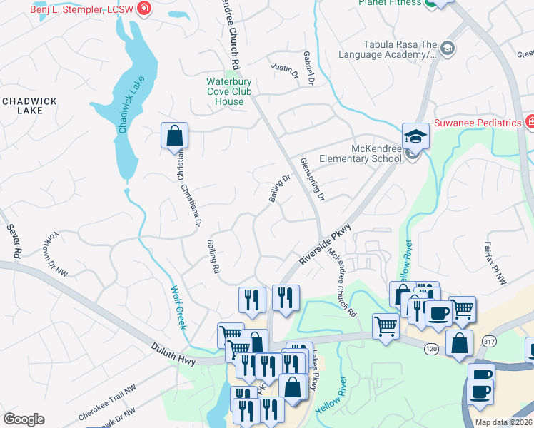 map of restaurants, bars, coffee shops, grocery stores, and more near 1321 Bailing Drive in Lawrenceville