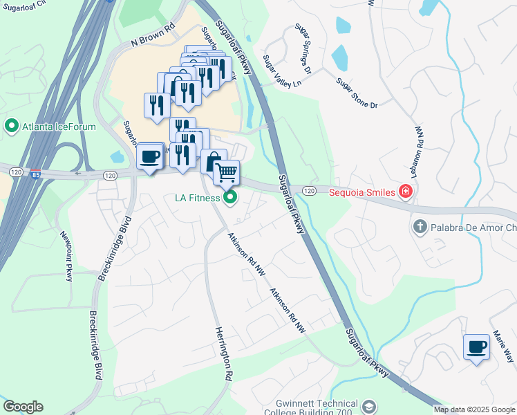 map of restaurants, bars, coffee shops, grocery stores, and more near 1893 Farmwood Drive Northwest in Lawrenceville