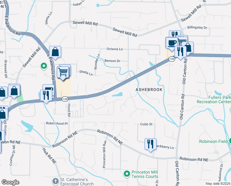 map of restaurants, bars, coffee shops, grocery stores, and more near 2812 Jamont Court in Marietta