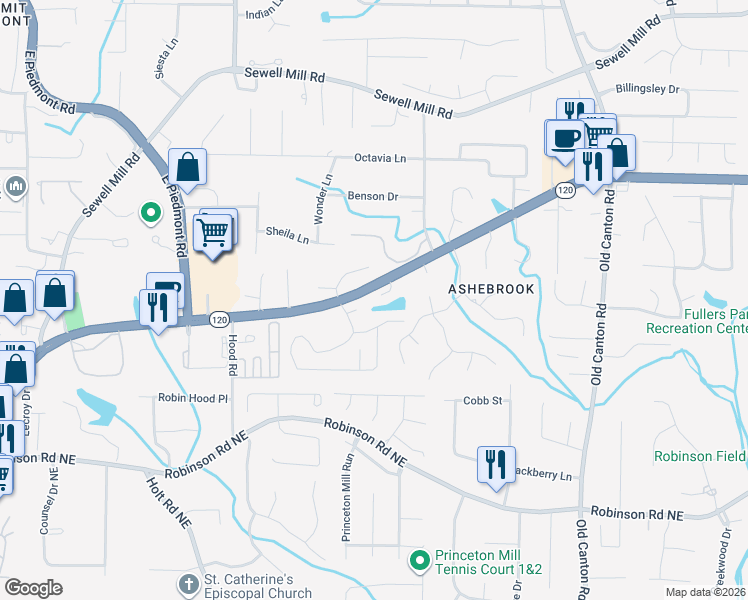 map of restaurants, bars, coffee shops, grocery stores, and more near 2812 Jamont Court in Marietta