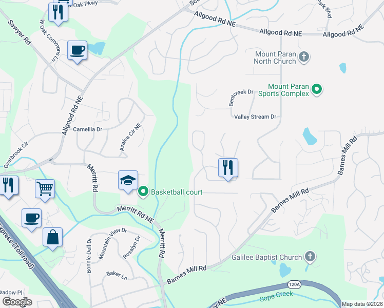 map of restaurants, bars, coffee shops, grocery stores, and more near 1063 Soaring Way Northeast in Marietta