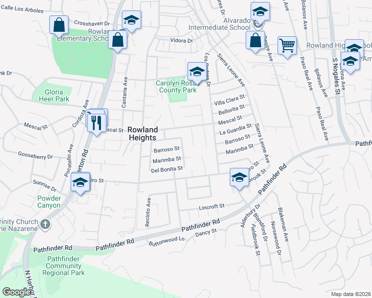 map of restaurants, bars, coffee shops, grocery stores, and more near 2454 Tortosa Avenue in Rowland Heights