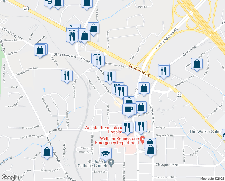 map of restaurants, bars, coffee shops, grocery stores, and more near 1371 Church Street Extension Northwest in Marietta