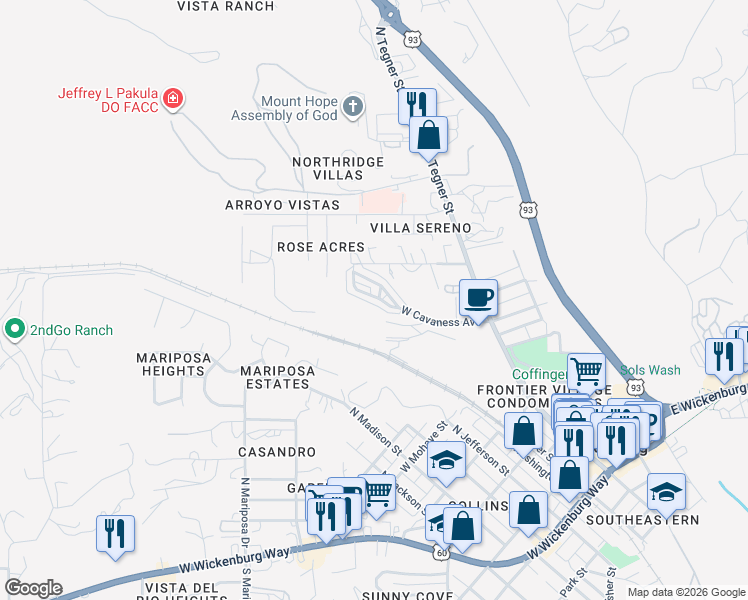 map of restaurants, bars, coffee shops, grocery stores, and more near 550 Palm Drive in Wickenburg