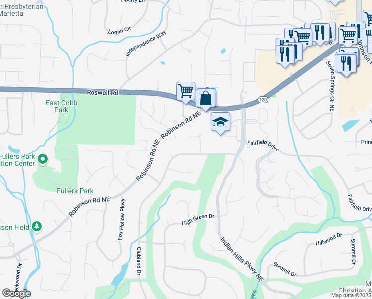 map of restaurants, bars, coffee shops, grocery stores, and more near 3440 Clubland Drive in Marietta