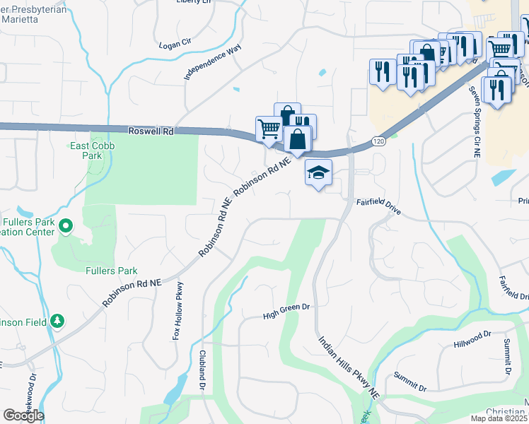 map of restaurants, bars, coffee shops, grocery stores, and more near 3440 Clubland Drive in Marietta