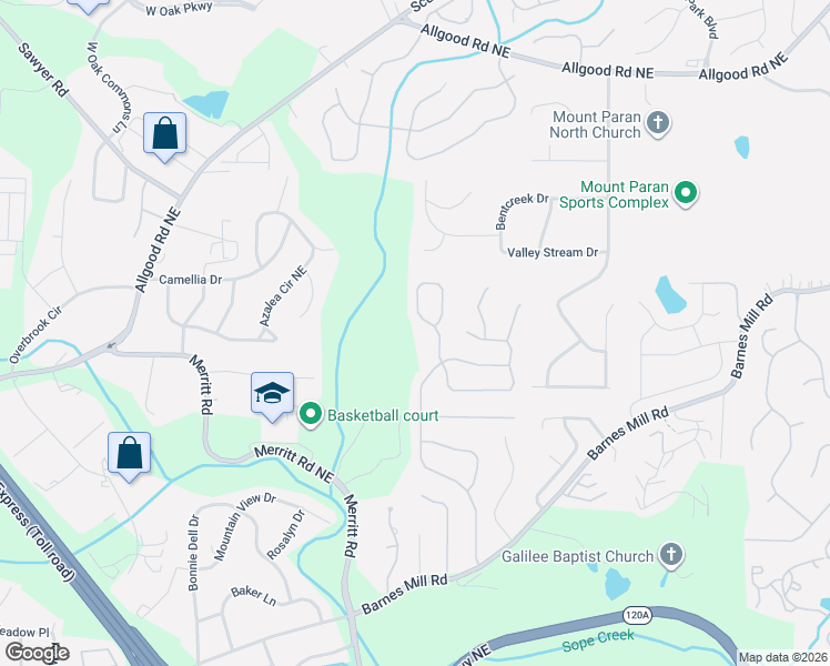 map of restaurants, bars, coffee shops, grocery stores, and more near 1063 Soaring Way Northeast in Marietta