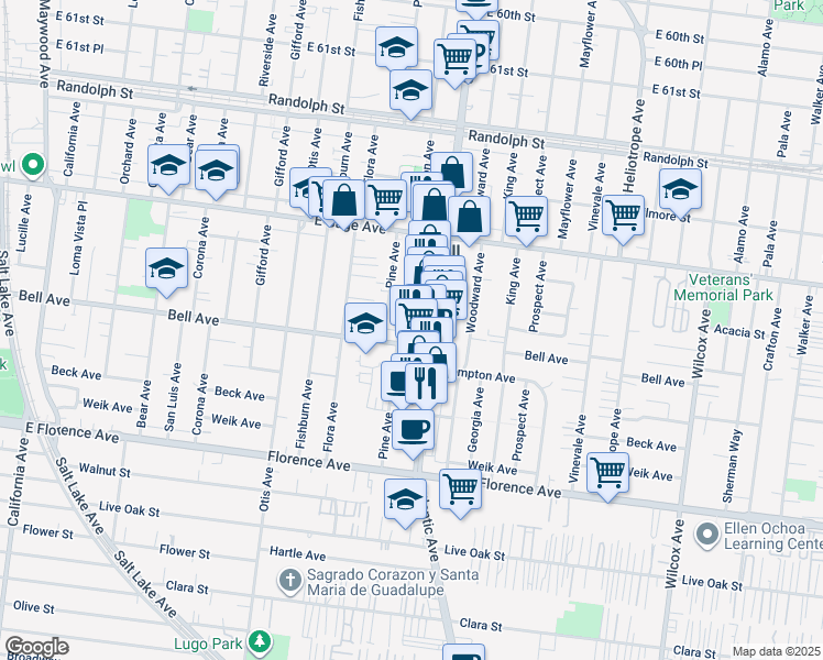 map of restaurants, bars, coffee shops, grocery stores, and more near 6710 Clarkson Ave in Bell