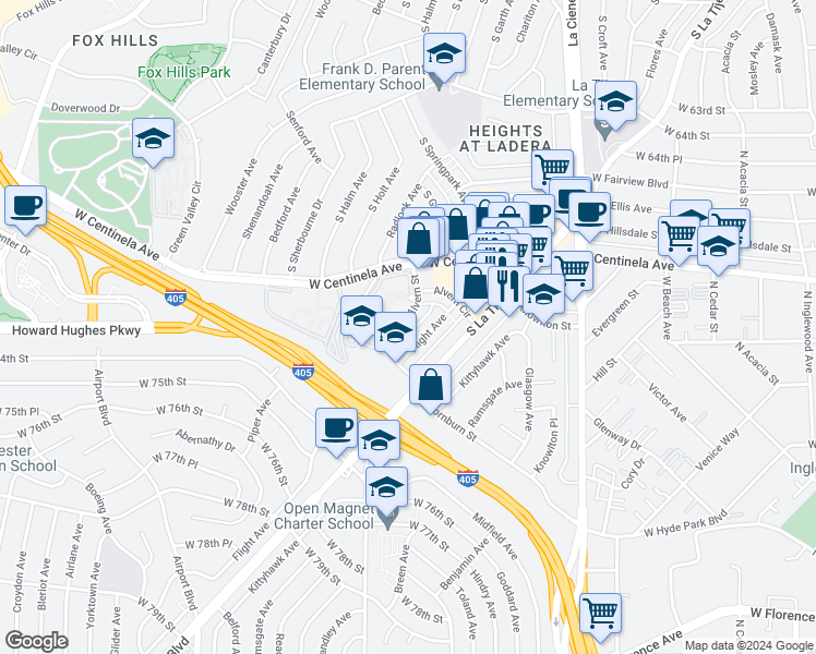 map of restaurants, bars, coffee shops, grocery stores, and more near 7100 Alvern Street in Los Angeles