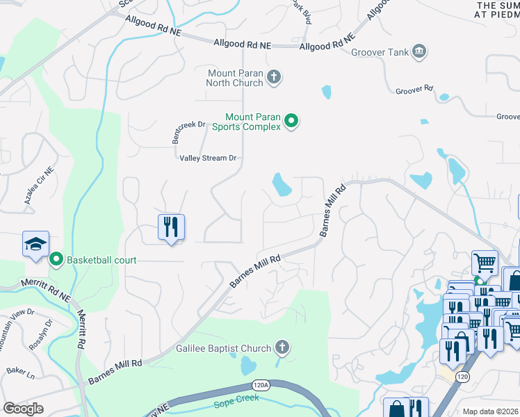 map of restaurants, bars, coffee shops, grocery stores, and more near 949 Mill Stone Drive in Marietta