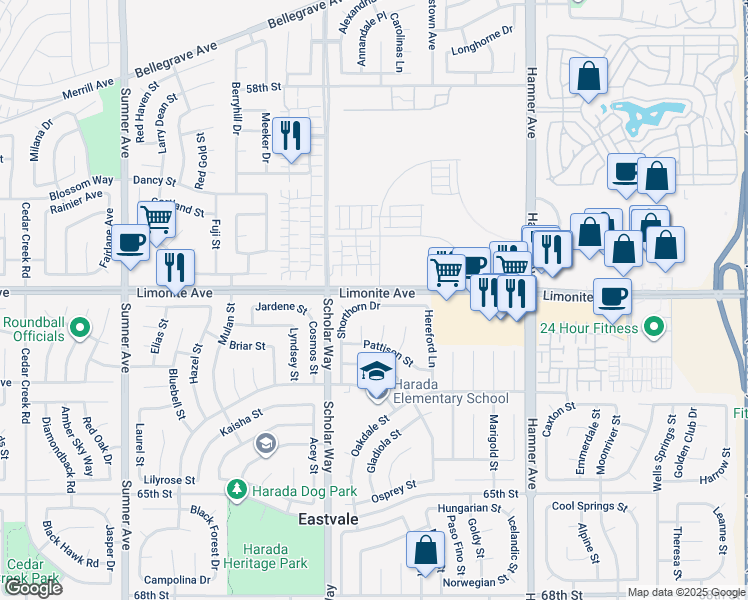map of restaurants, bars, coffee shops, grocery stores, and more near 12906 Shorthorn Drive in Eastvale