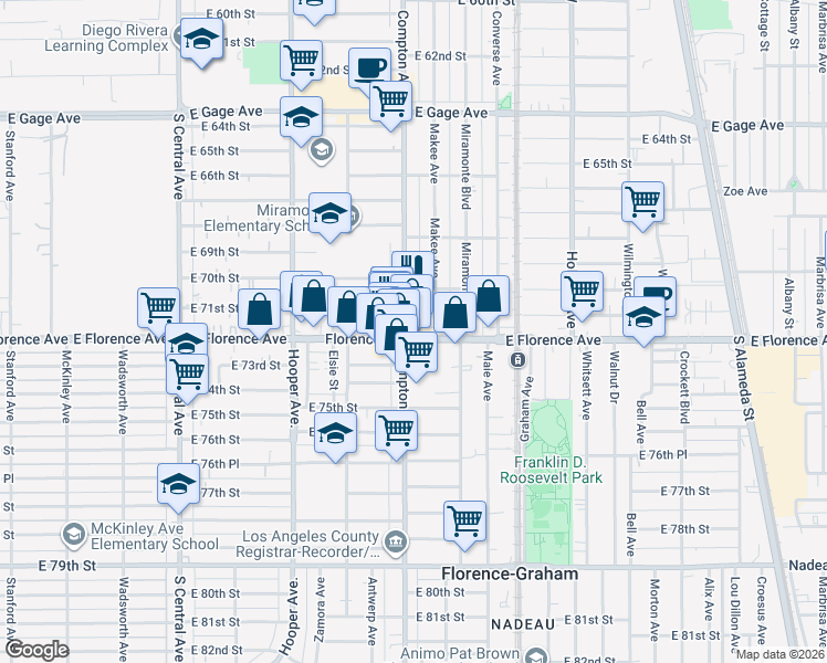 map of restaurants, bars, coffee shops, grocery stores, and more near 7104 Compton Avenue in Los Angeles