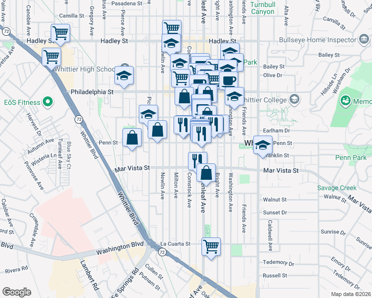 map of restaurants, bars, coffee shops, grocery stores, and more near 7312 Milton Avenue in Whittier