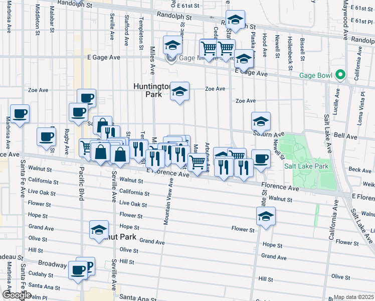 map of restaurants, bars, coffee shops, grocery stores, and more near 7024 Passaic Street in Huntington Park