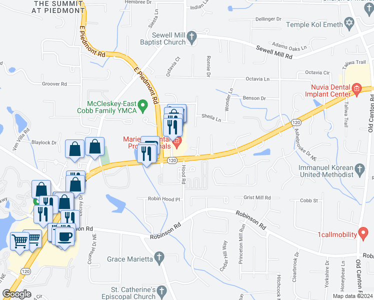 map of restaurants, bars, coffee shops, grocery stores, and more near 2550 Wynmont Place in Marietta