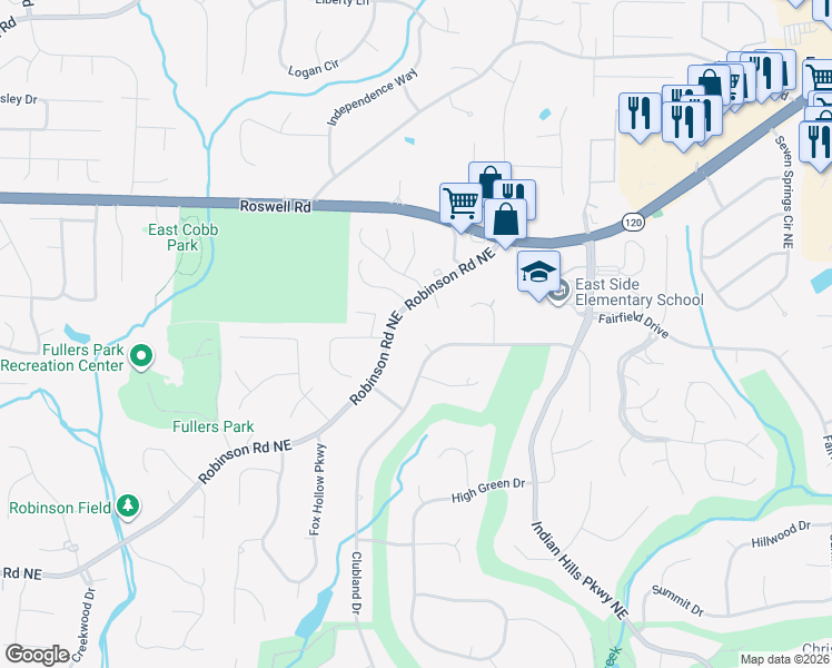 map of restaurants, bars, coffee shops, grocery stores, and more near 1020 Clubland Point Northeast in Marietta