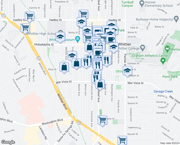 map of restaurants, bars, coffee shops, grocery stores, and more near 7313 Comstock Avenue in Whittier