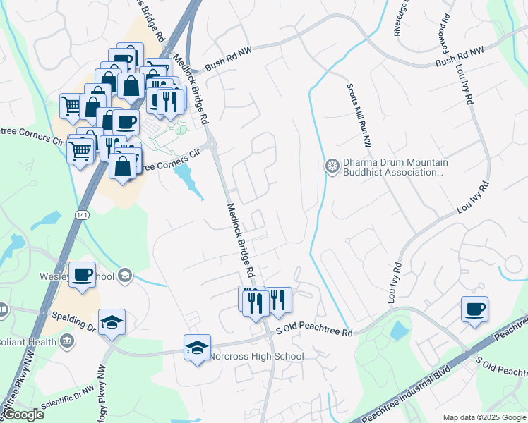 map of restaurants, bars, coffee shops, grocery stores, and more near 3459 Lockmed Drive Northwest in Peachtree Corners