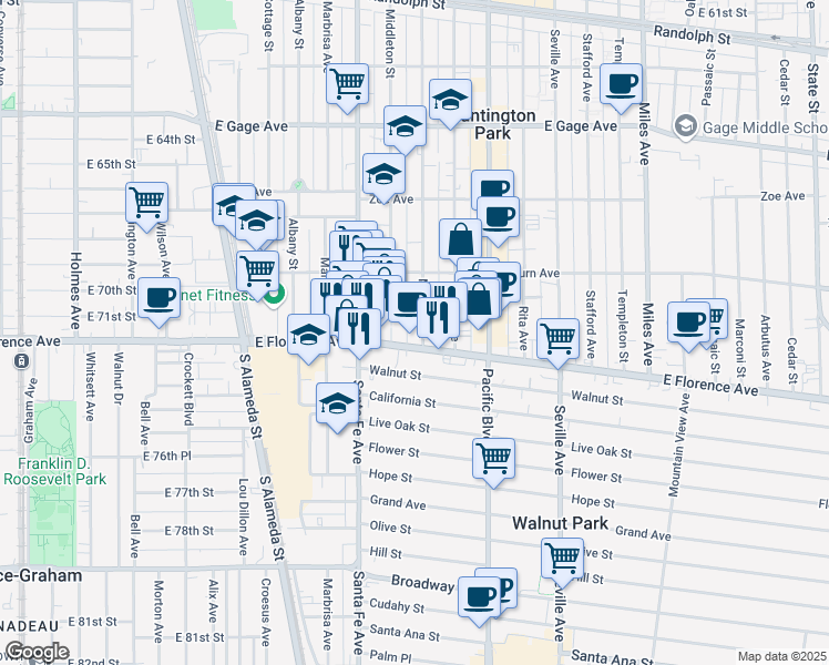 map of restaurants, bars, coffee shops, grocery stores, and more near 7117 Malabar Street in Huntington Park