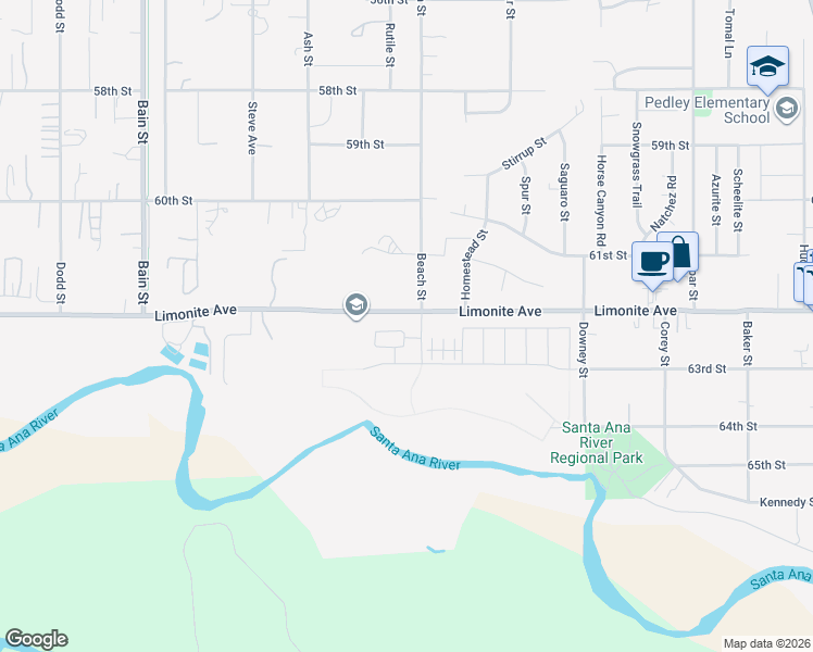 map of restaurants, bars, coffee shops, grocery stores, and more near 9785 Crossbay Loop in Jurupa Valley