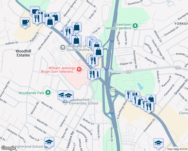 map of restaurants, bars, coffee shops, grocery stores, and more near 211 Veterans Road in Columbia