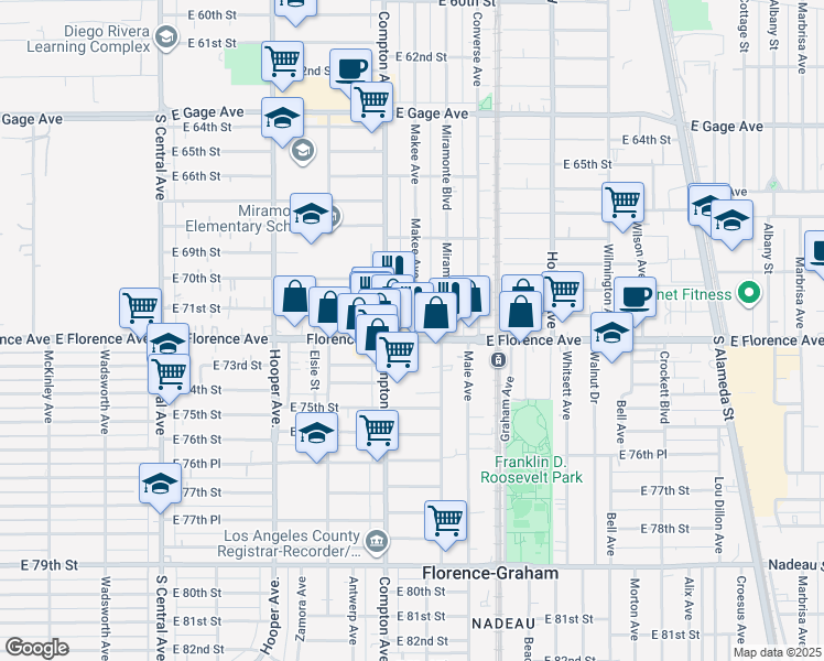 map of restaurants, bars, coffee shops, grocery stores, and more near 7125 Makee Avenue in Los Angeles