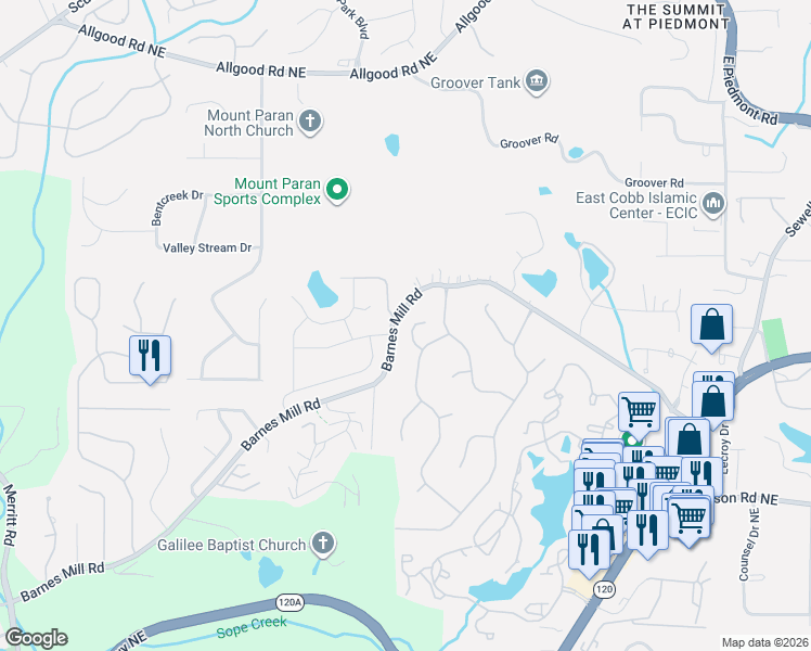map of restaurants, bars, coffee shops, grocery stores, and more near 981 Brickleberry Lane in Marietta