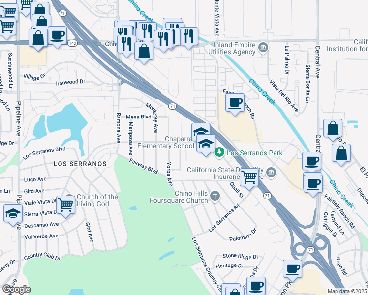 map of restaurants, bars, coffee shops, grocery stores, and more near 15315 Murray Avenue in Chino Hills