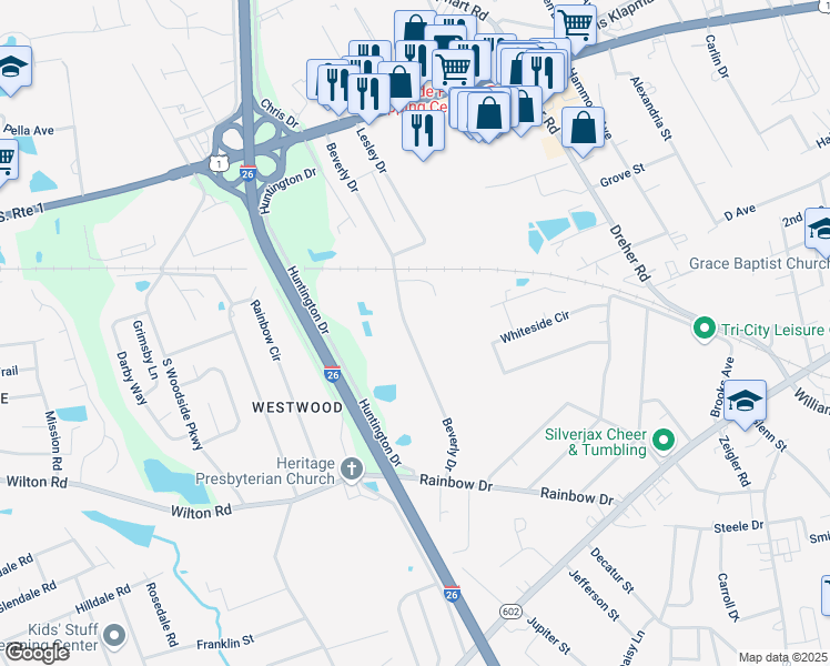 map of restaurants, bars, coffee shops, grocery stores, and more near 451 Beverly Drive in West Columbia