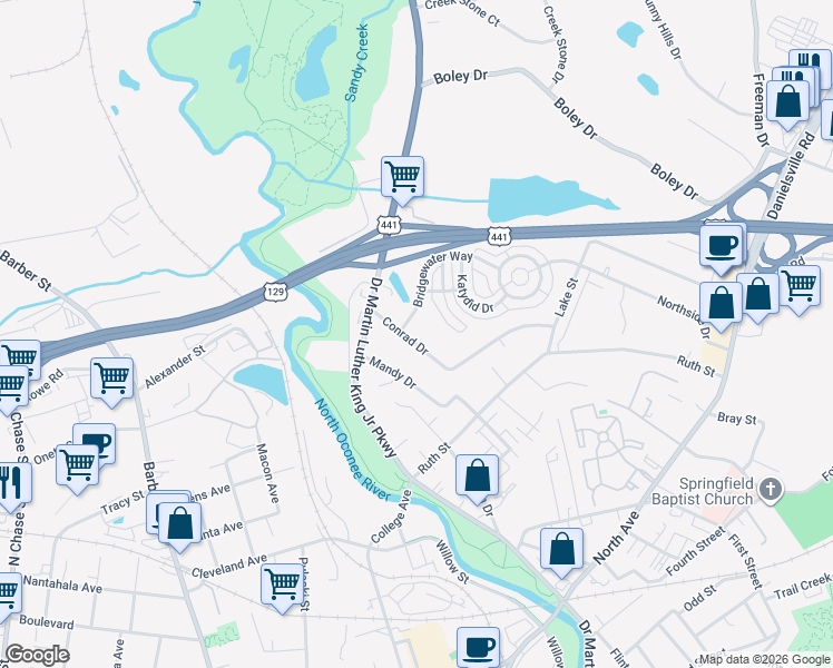 map of restaurants, bars, coffee shops, grocery stores, and more near 145 Conrad Drive in Athens