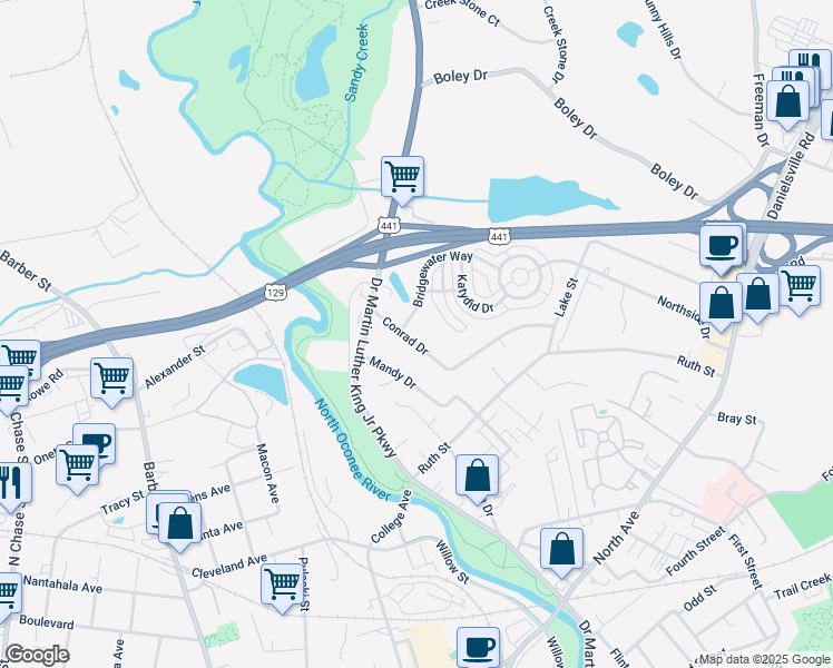 map of restaurants, bars, coffee shops, grocery stores, and more near 145 Conrad Drive in Athens