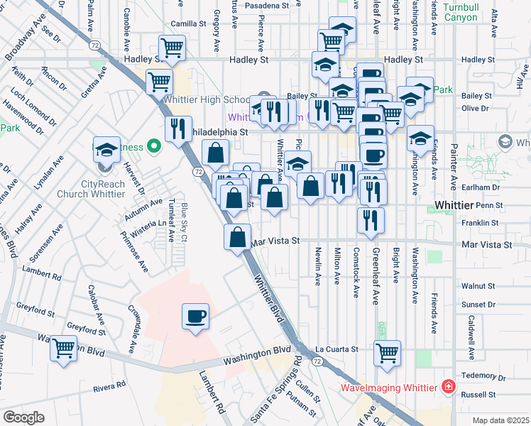 map of restaurants, bars, coffee shops, grocery stores, and more near 7314 Pierce Avenue in Whittier