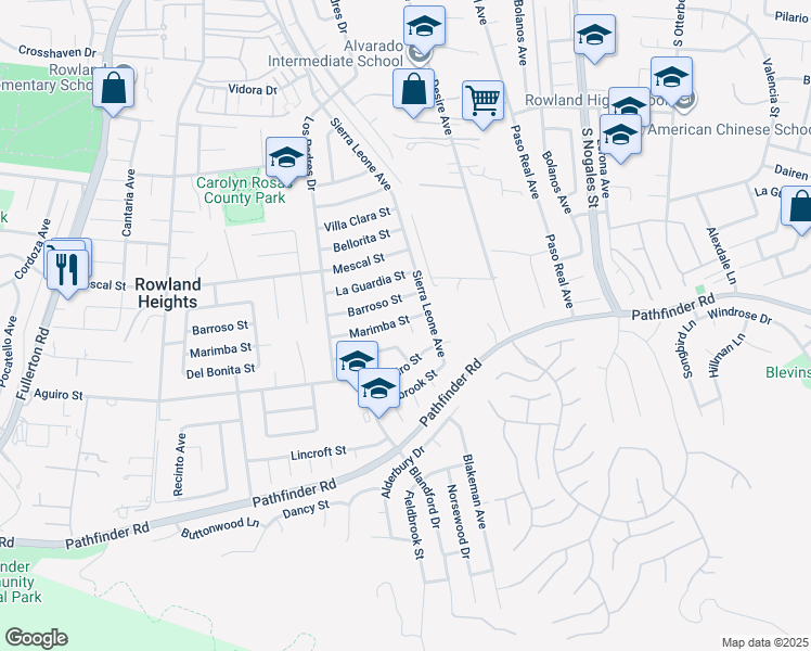 map of restaurants, bars, coffee shops, grocery stores, and more near 2503 Abonado Place in Rowland Heights