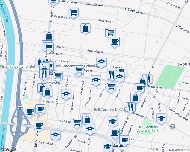 map of restaurants, bars, coffee shops, grocery stores, and more near 6105 East Gage Avenue in Bell Gardens