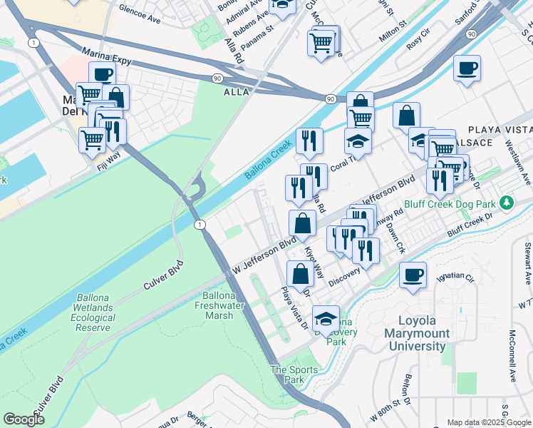 map of restaurants, bars, coffee shops, grocery stores, and more near 15 Playa Vista Drive in Los Angeles