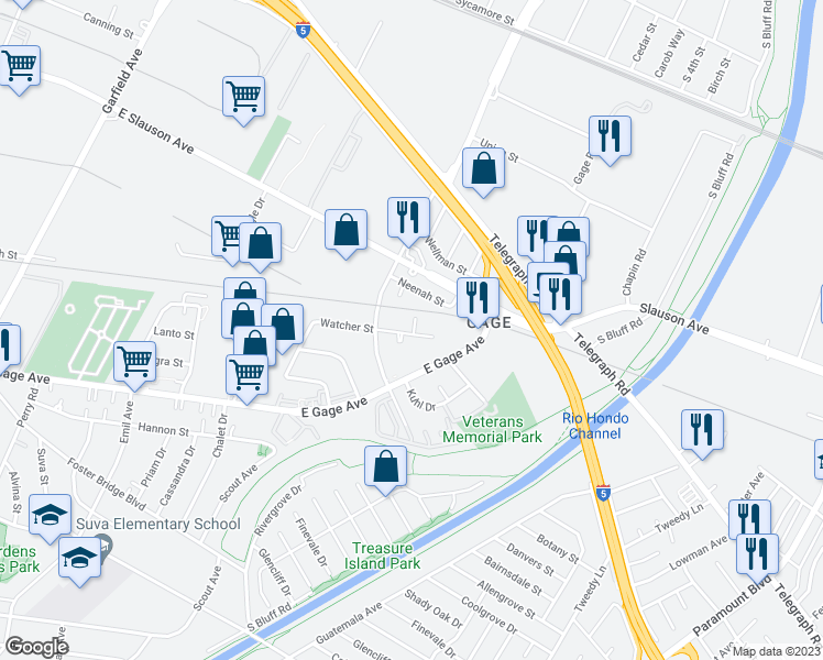 map of restaurants, bars, coffee shops, grocery stores, and more near 7137 Watcher Street in Commerce