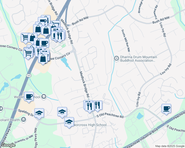 map of restaurants, bars, coffee shops, grocery stores, and more near 3460 Lockmed Drive Northwest in Peachtree Corners