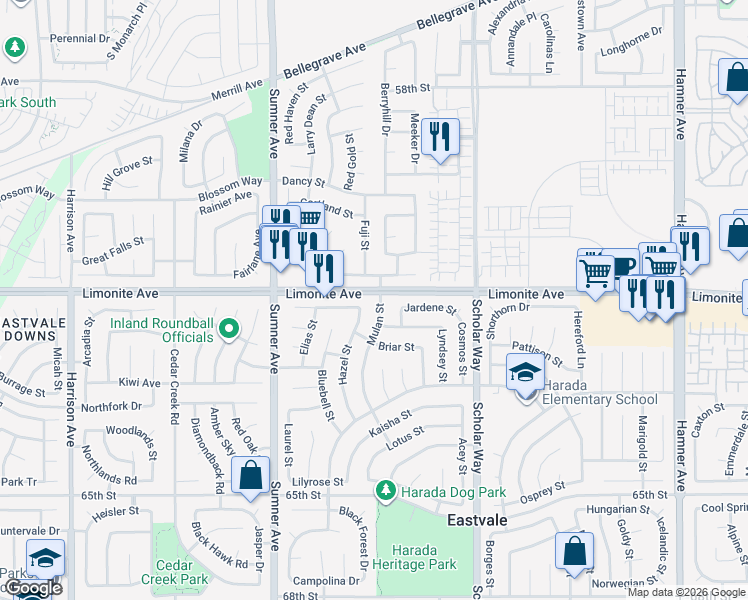 map of restaurants, bars, coffee shops, grocery stores, and more near 6215 Mulan Street in Corona