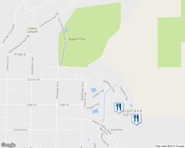 map of restaurants, bars, coffee shops, grocery stores, and more near 10055 Comanche Circle in Cherry Valley
