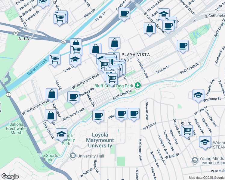 map of restaurants, bars, coffee shops, grocery stores, and more near 12760 Millennium Drive in Los Angeles