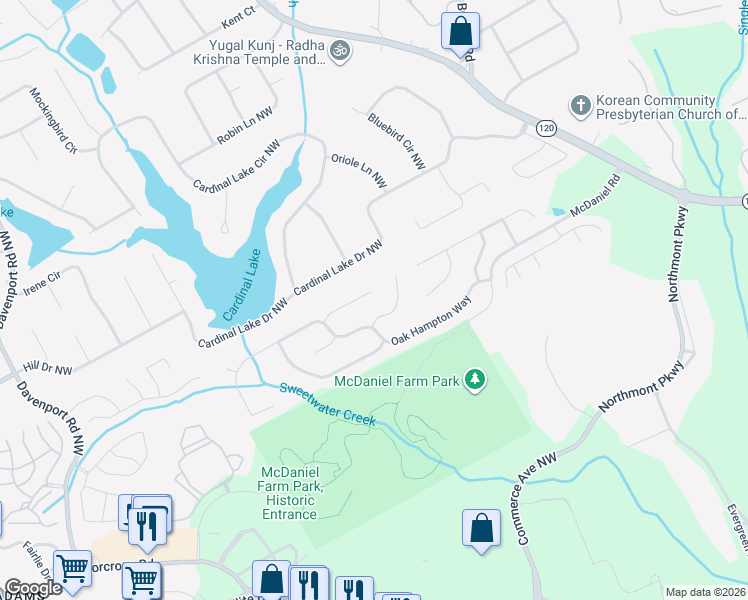 map of restaurants, bars, coffee shops, grocery stores, and more near 3062 Oaktree Lane Northwest in Duluth