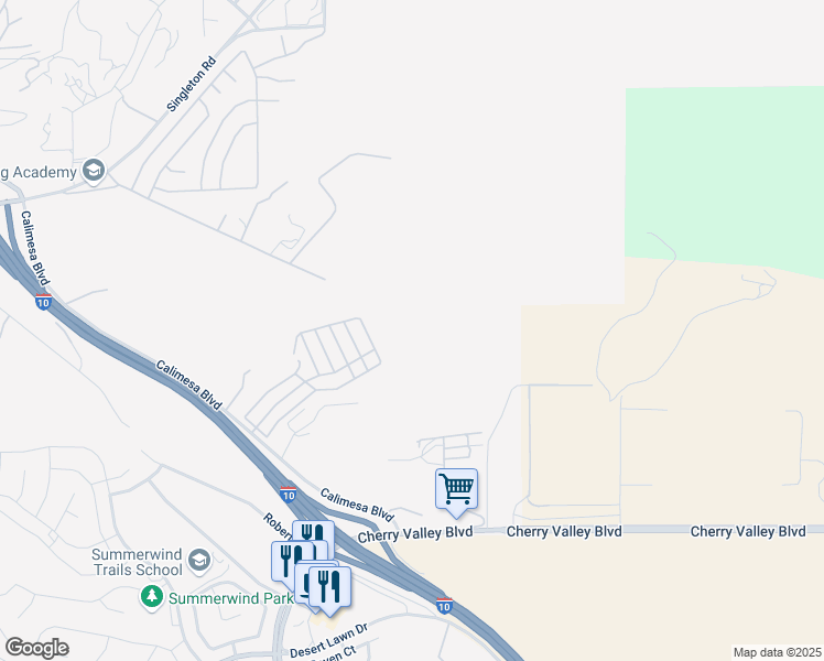 map of restaurants, bars, coffee shops, grocery stores, and more near 10320 Calimesa Boulevard in Calimesa