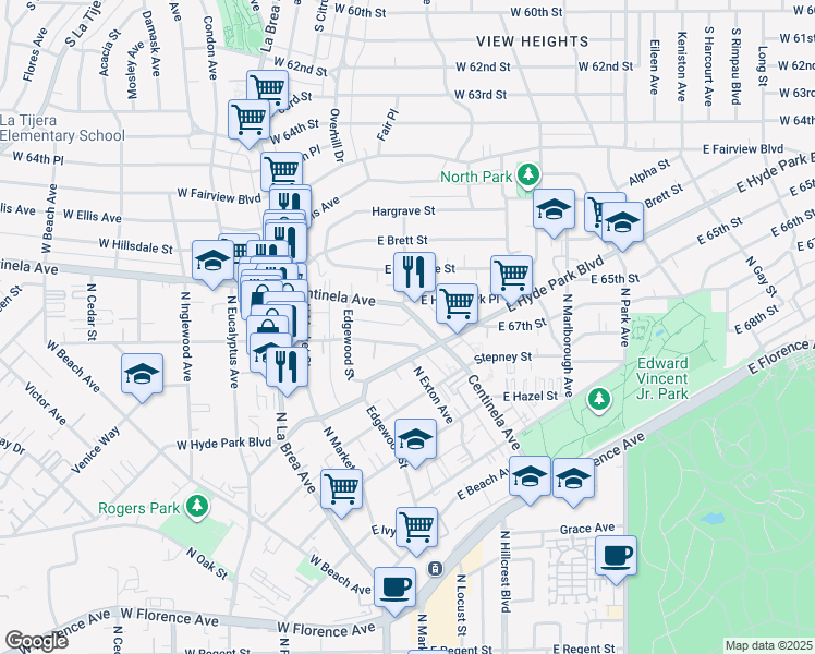 map of restaurants, bars, coffee shops, grocery stores, and more near 339 East Plymouth Street in Inglewood