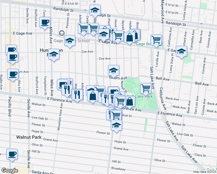map of restaurants, bars, coffee shops, grocery stores, and more near 7001 Plaska Avenue in Huntington Park