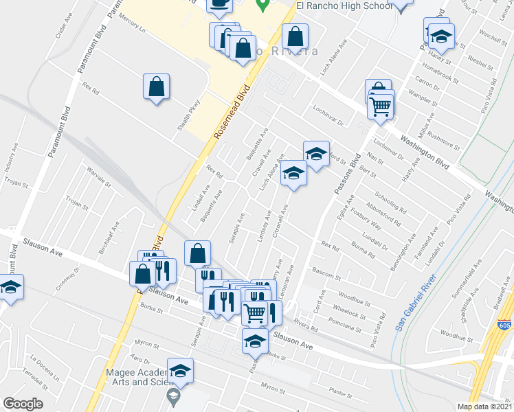 map of restaurants, bars, coffee shops, grocery stores, and more near 9214 Rex Road in Pico Rivera
