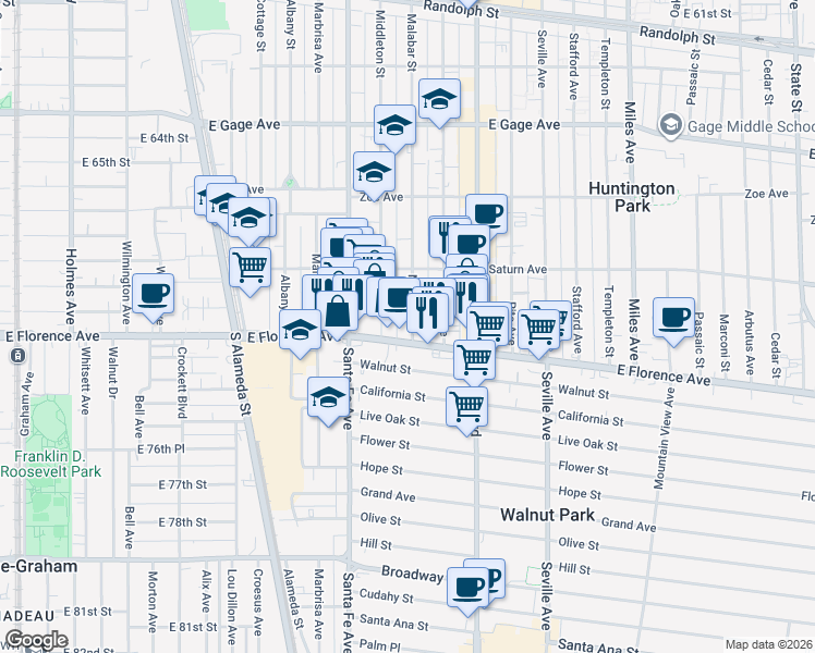 map of restaurants, bars, coffee shops, grocery stores, and more near 7117 Malabar Street in Huntington Park
