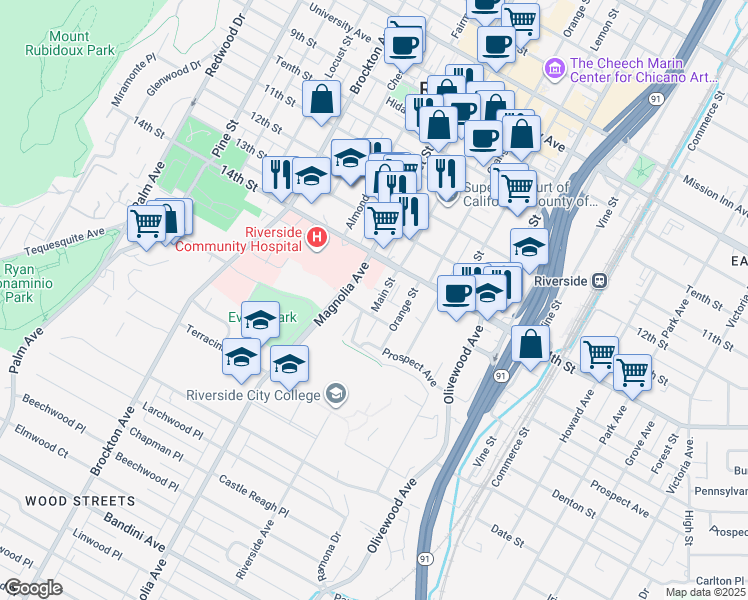 map of restaurants, bars, coffee shops, grocery stores, and more near 4473 Main Street in Riverside